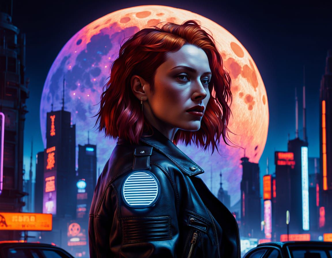 Cyberpunk Woman with Red Hair in Lunar City