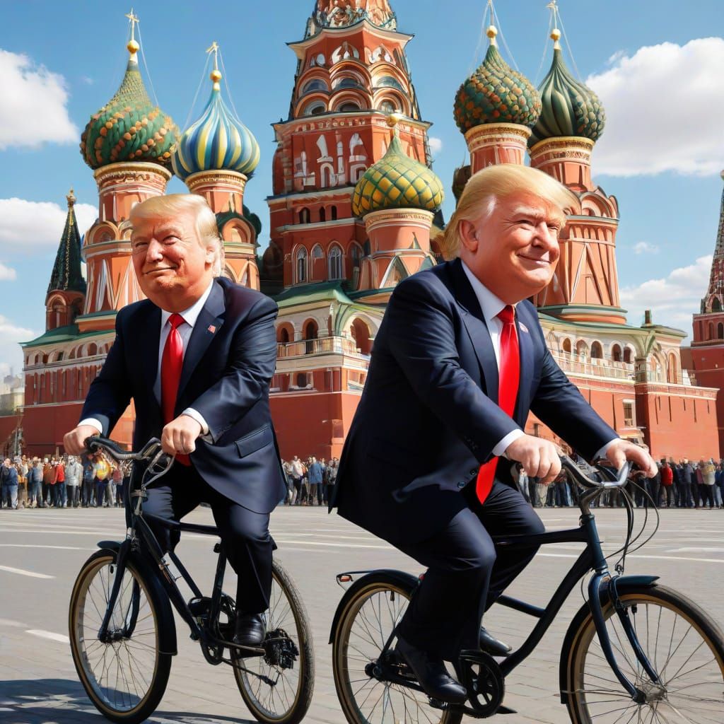 Trump and Putin Ride Tandem Bicycle in Red Square