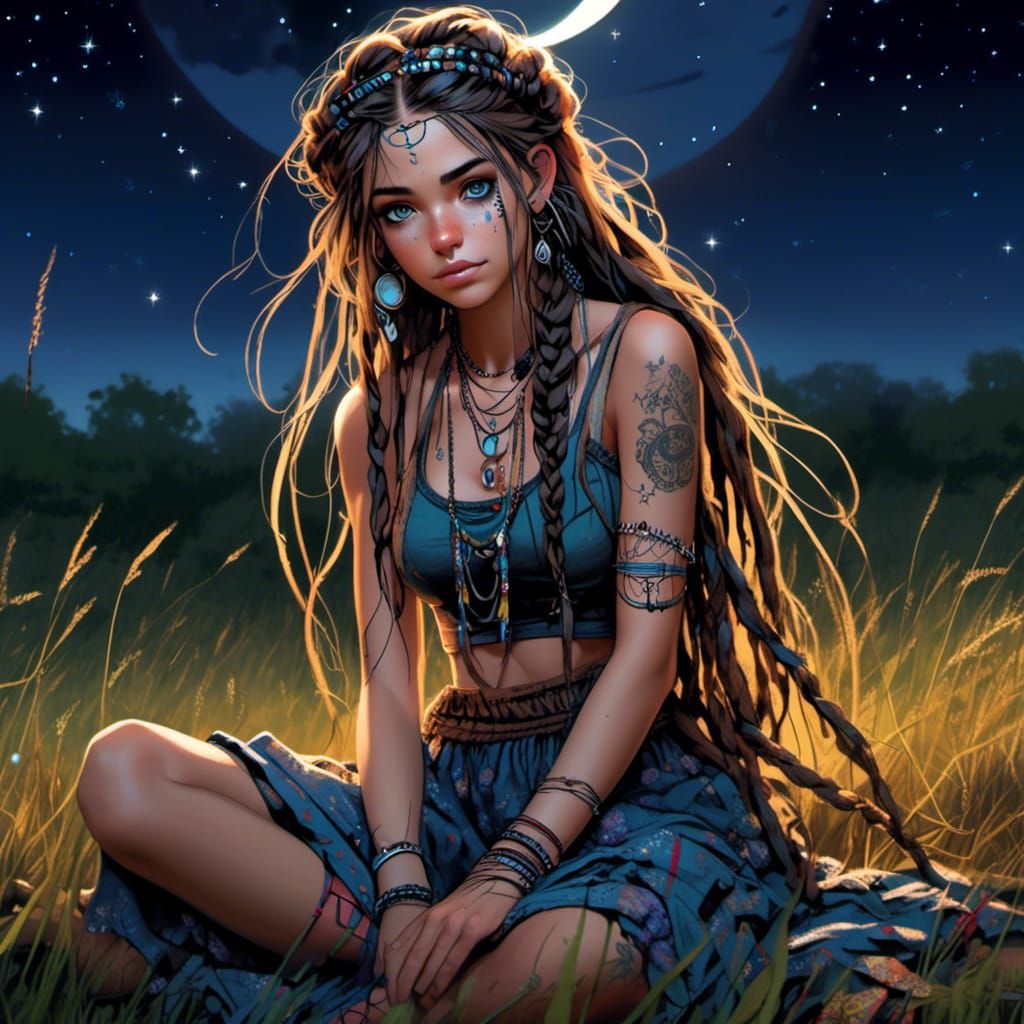 Boho Woman Gazing at Stars in Mystical Meadow