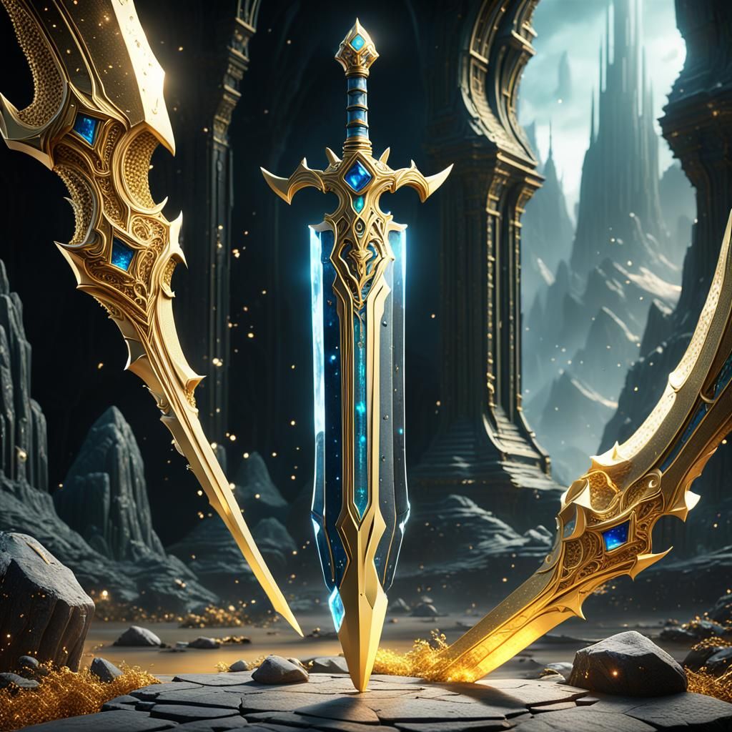 Extraterrestrial Gold Crystal Sword: Detailed Matte Painting