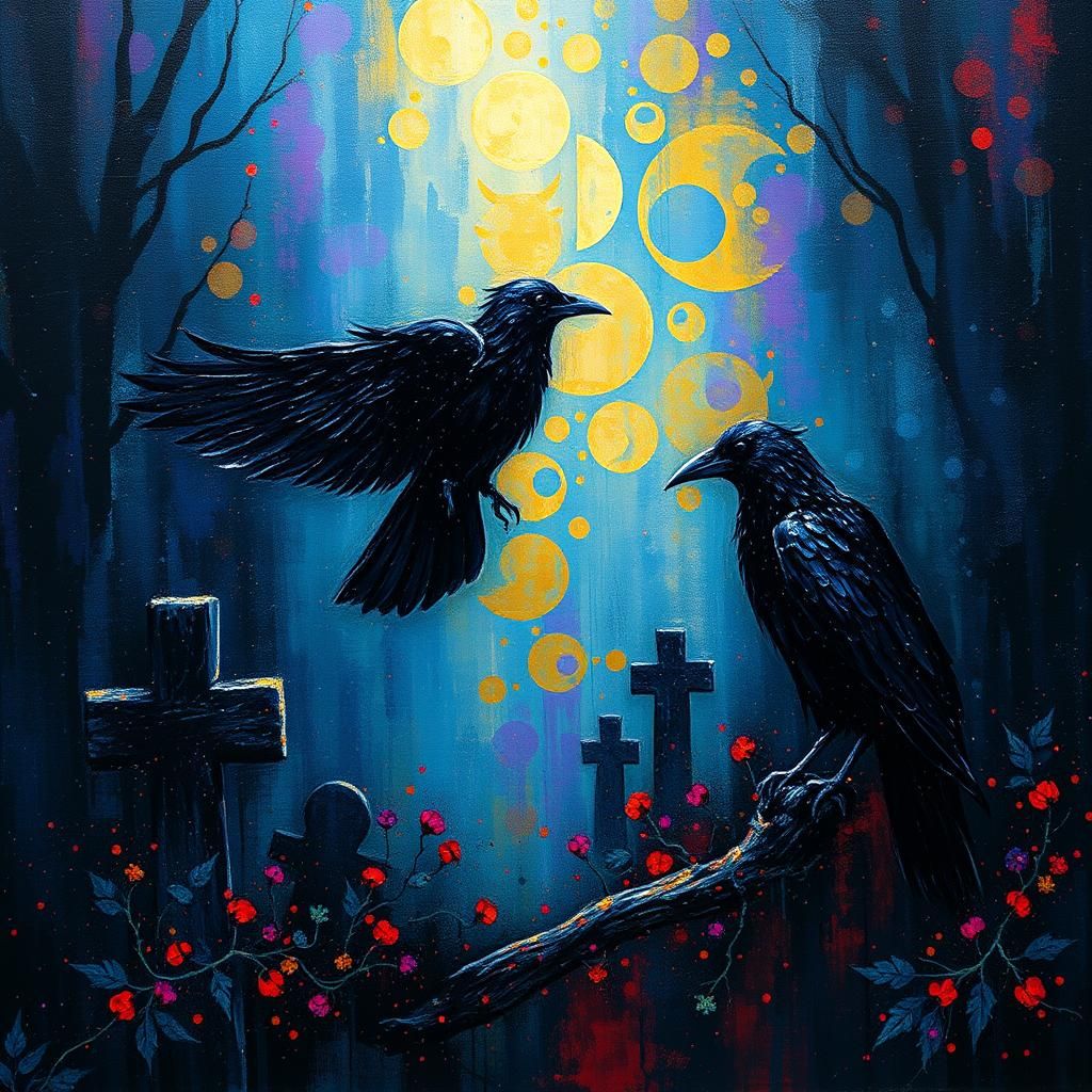 Iridescent Crows in Graveyard, Abstract Art