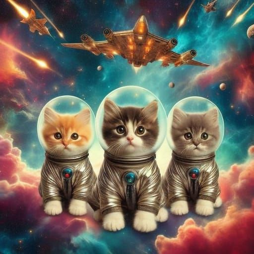 Kittens in Retro Futuristic Spaceship Soar Through Vibrant N...