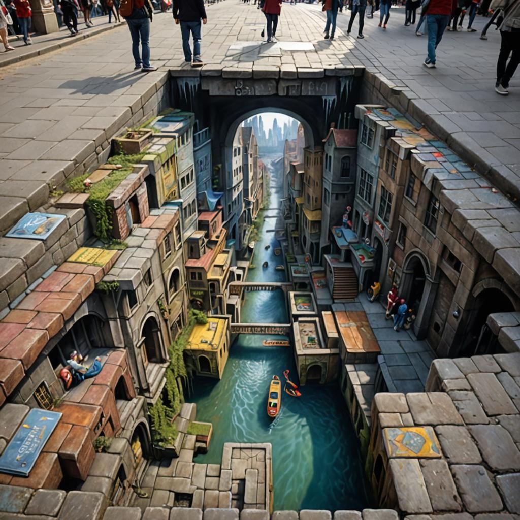 anamorphic street illustation, a 3d chalk art