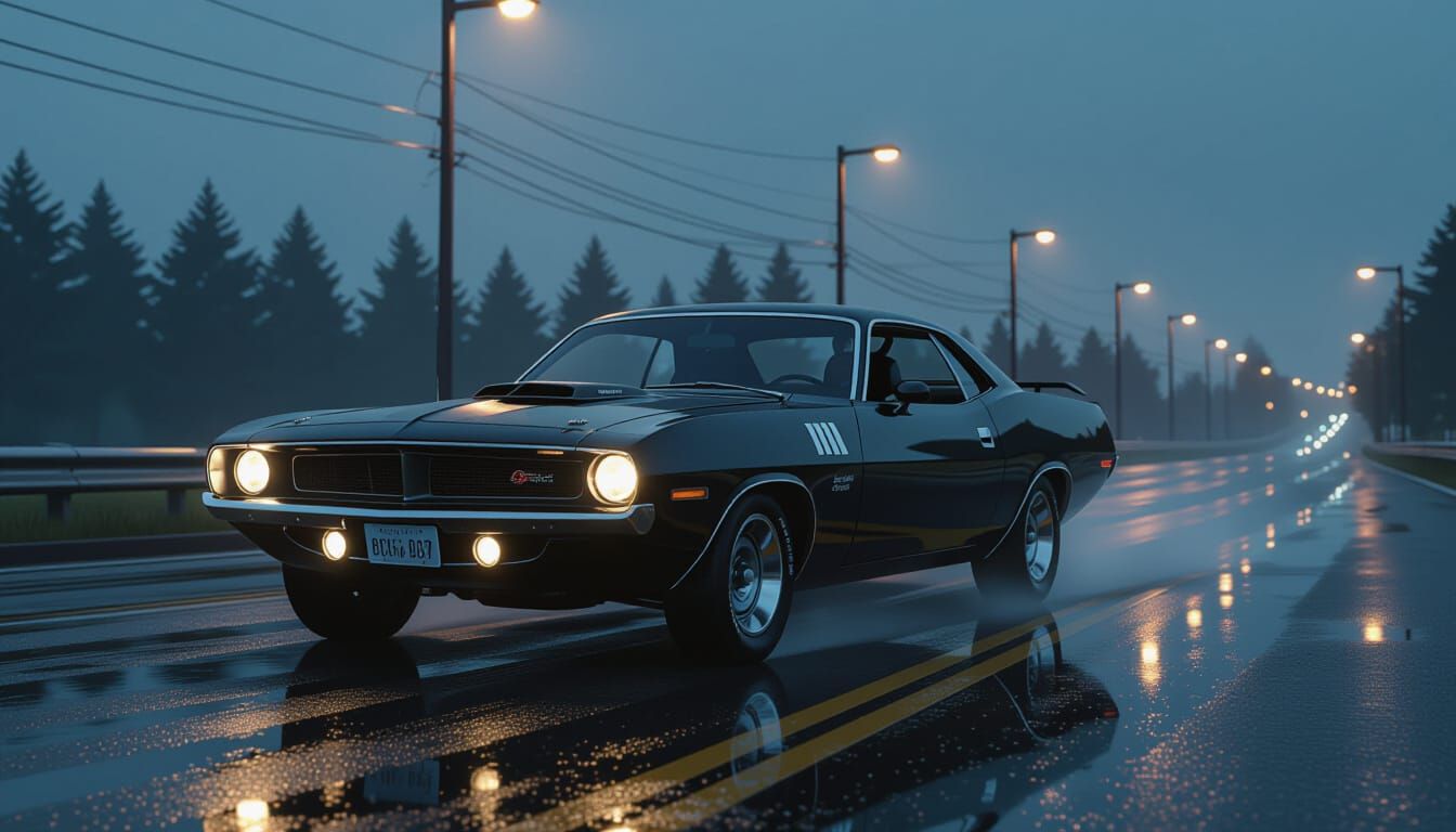 Black 1970 Barracuda Drifting in Cinematic Dusk Rain