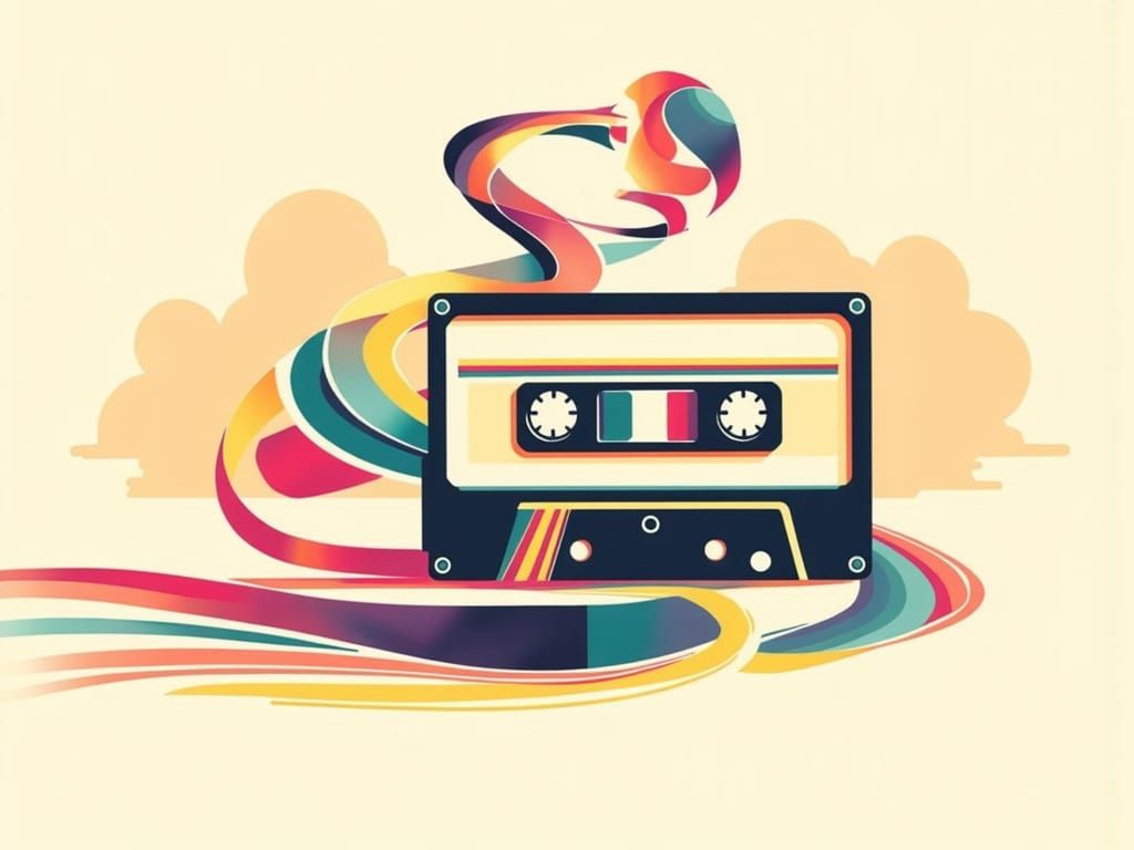 Surreal Digital Illustration of Retro Cassette Tape in Bold,...
