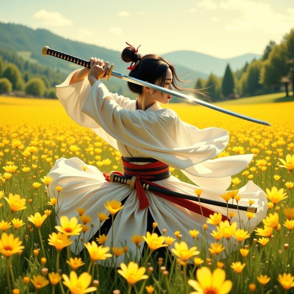 Japanese Woman Sword Fighting in Buttercup Field