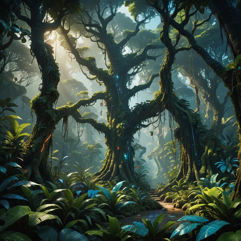 Lush Jungle Scene with Glowing Hukl: Fantasy Concept Art
