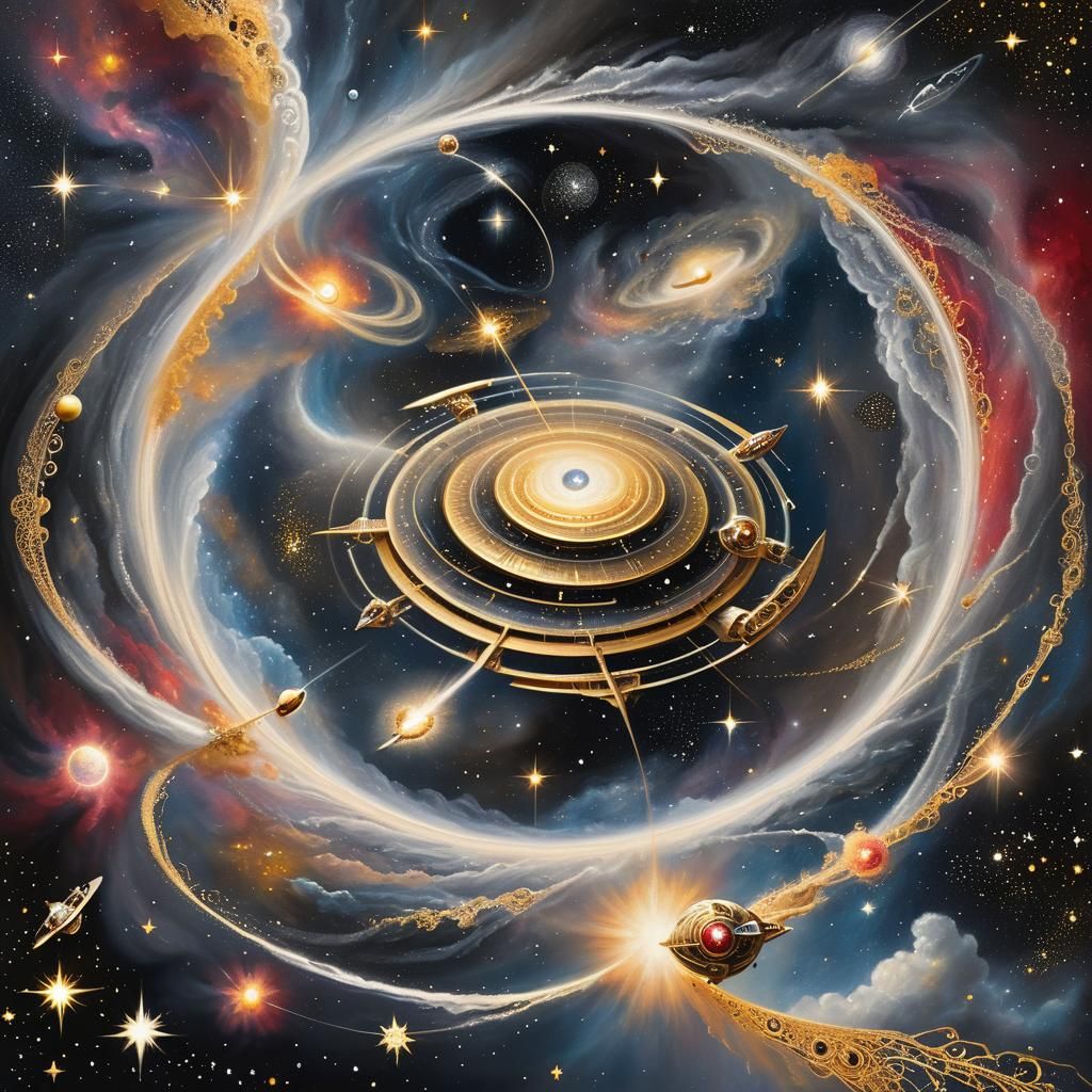 Spaceship Soaring Through a Swirling Galaxy in Charcoal Styl...