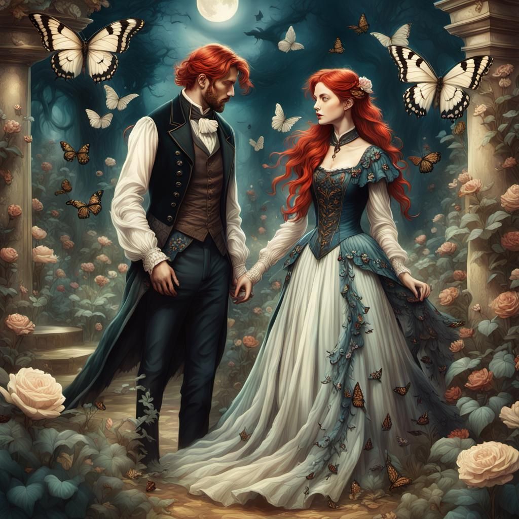 Victorian Fantasy Couple in Moonlit Garden amidst Ravens and...