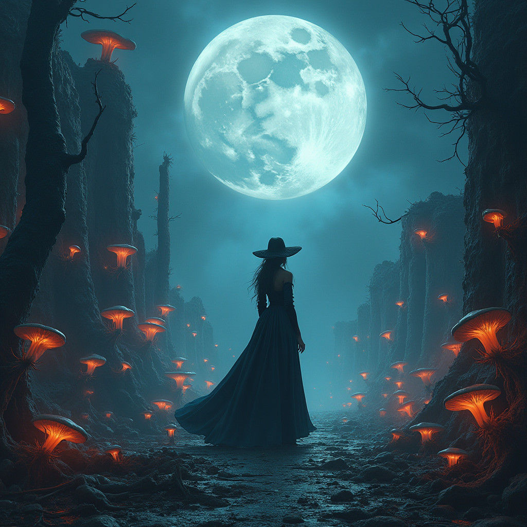 Mystical Sorceress in Ruined Cityscape: Digital Matte Painti...