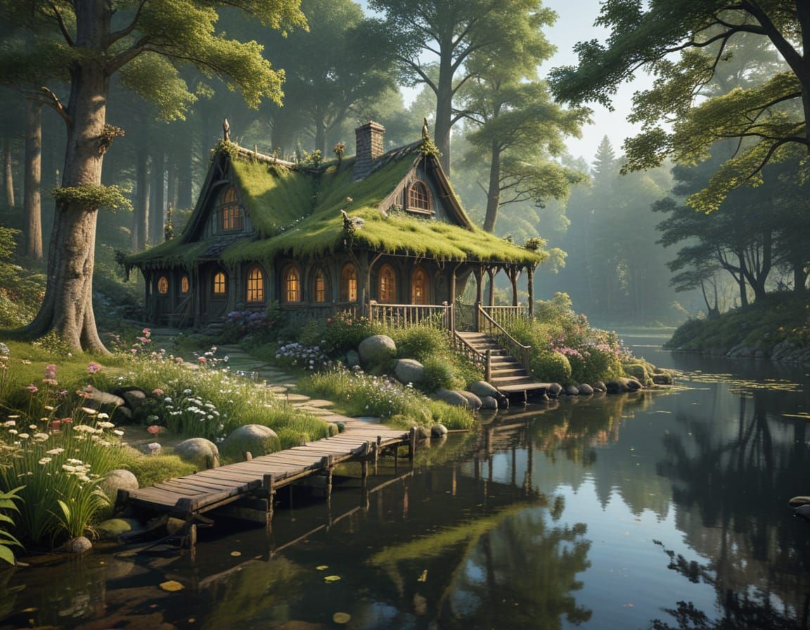 Whimsical Cottage Amidst Enchanted Forest and Serene Lake