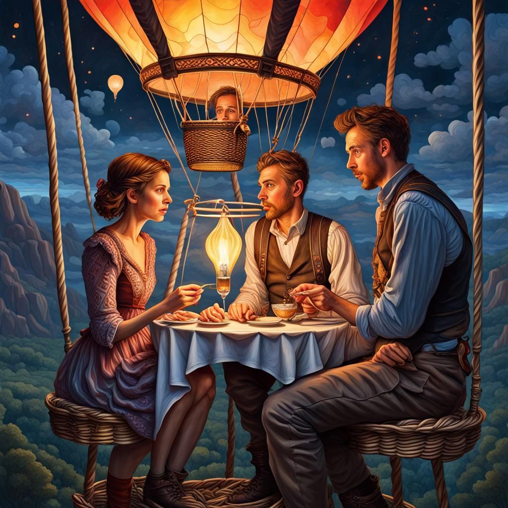 Hot Air Balloon Dinner: A Detailed Gouache Masterpiece