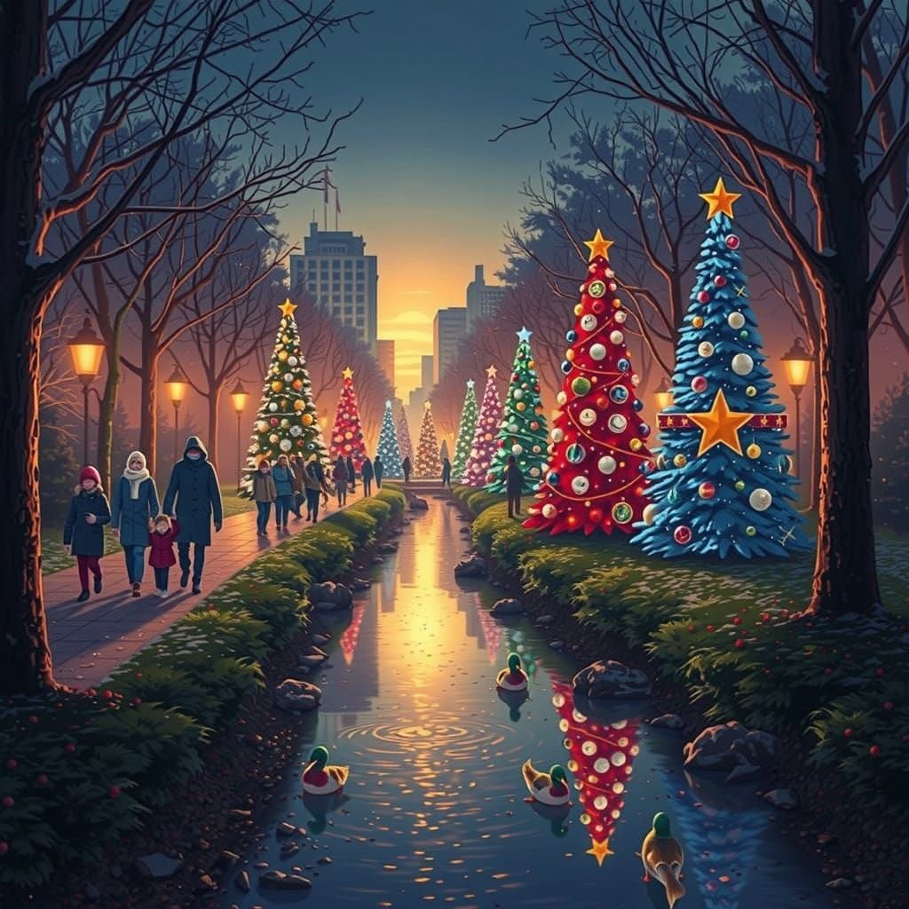 Winter Wonderland in a City Park at Sunset