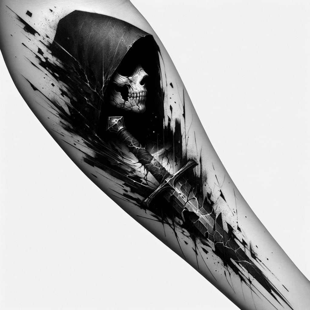 Surreal Faceless Angel Tattoo in Dark Ink and Shadows