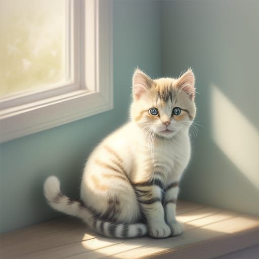 Whimsical Kitten Peers Out at a Gentle Sunlit Scene