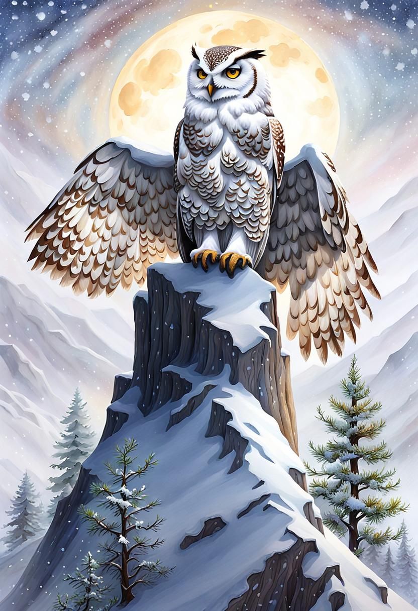 Snow Owl Perched on Oak Tree with Seasonal Elements