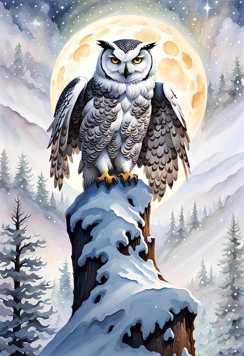 Snow Owl on Oak Tree with Stars in Watercolor