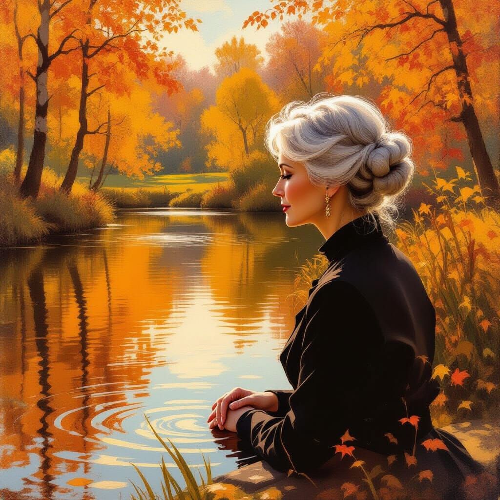 Autumn Afternoon Woman Gazing at Pond