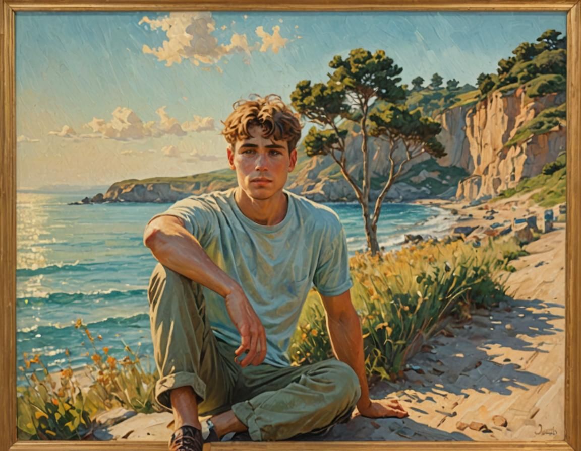 Young Man Walking on Sunny Beach: Realism Oil Painting