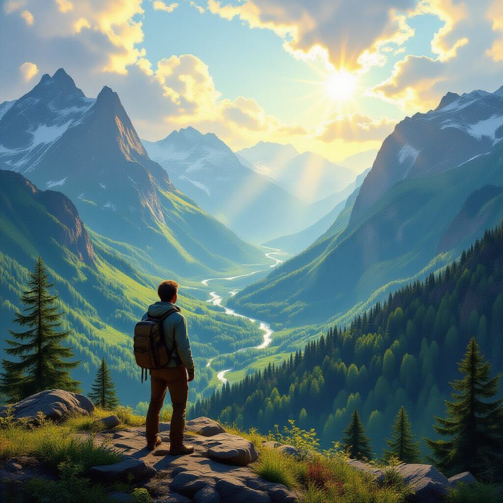 Man Gazes at Shining Green Forest from Mountain Peak