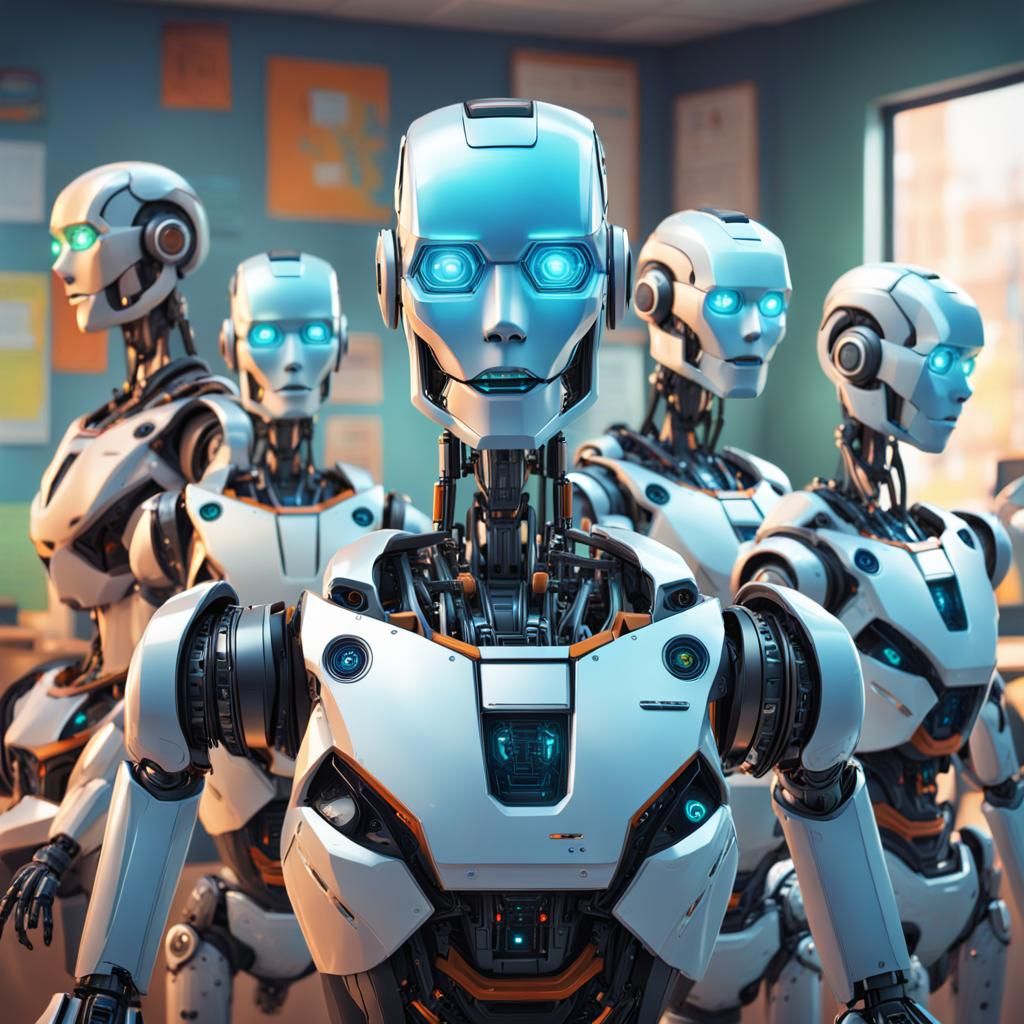 A robot school teacher with robotic boys and girls