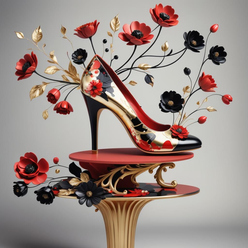 Floral Haute Couture Shoes on Pedestal
