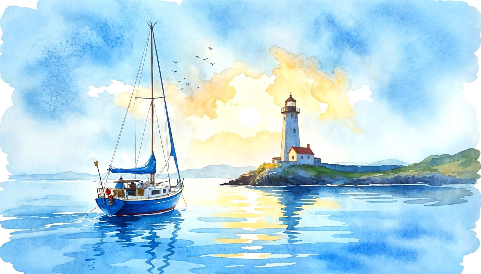 Sailing Boat Approaches Lighthouse in Watercolor Style