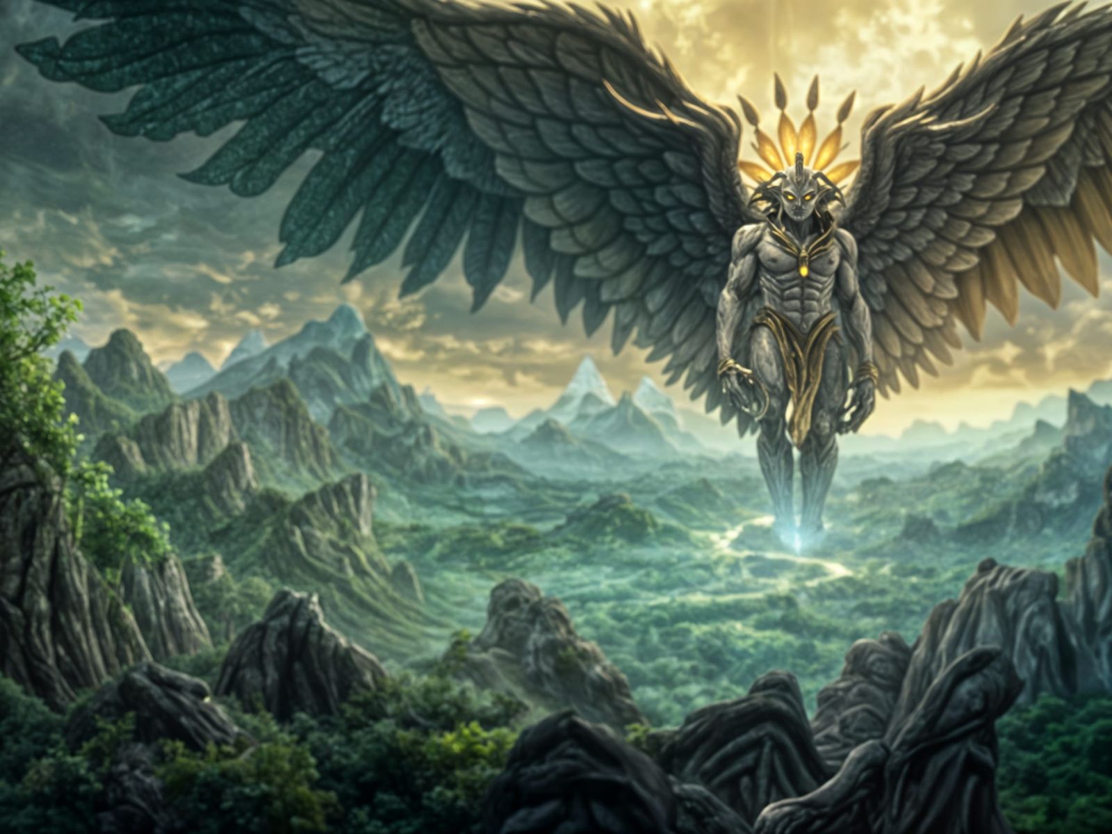 Majestic Fantasy Deity in Lush Forest Landscape