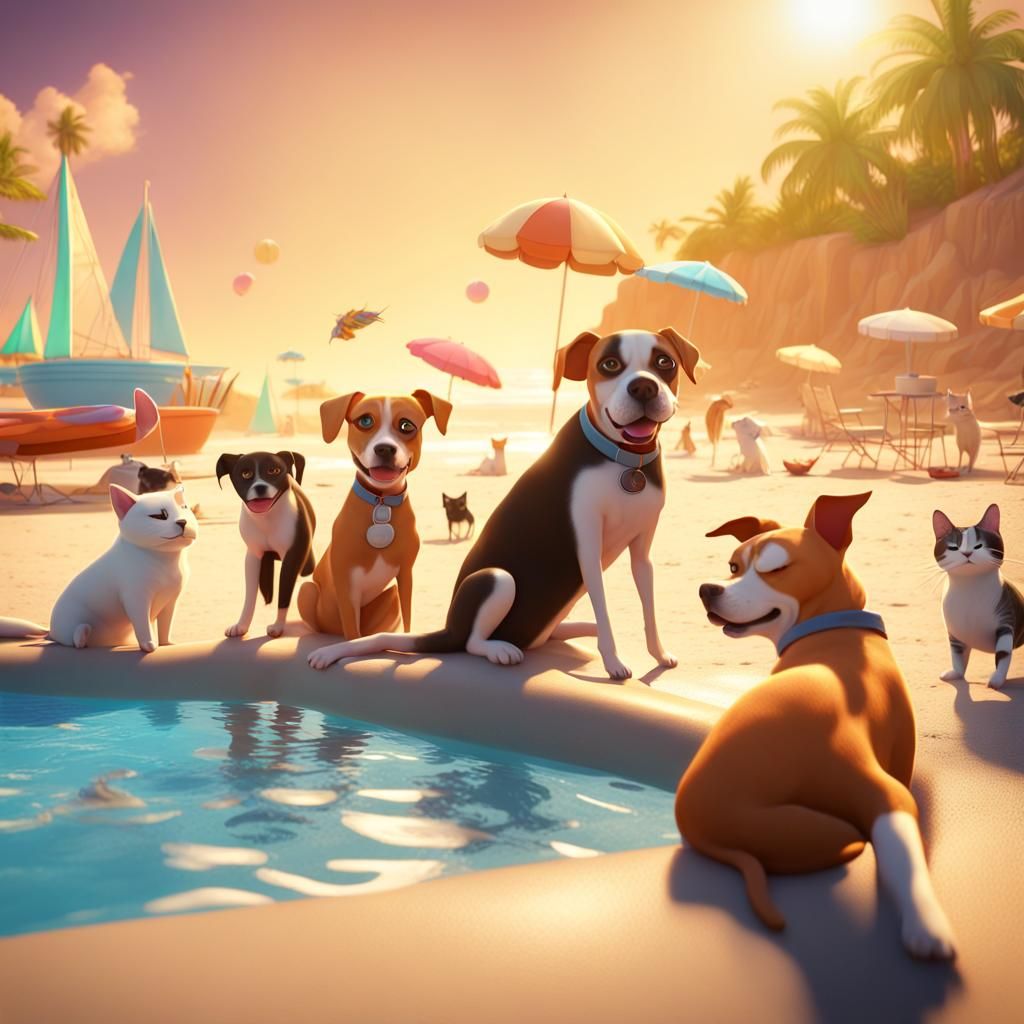 Dogs and Cats at the Beach: 3D Digital Art