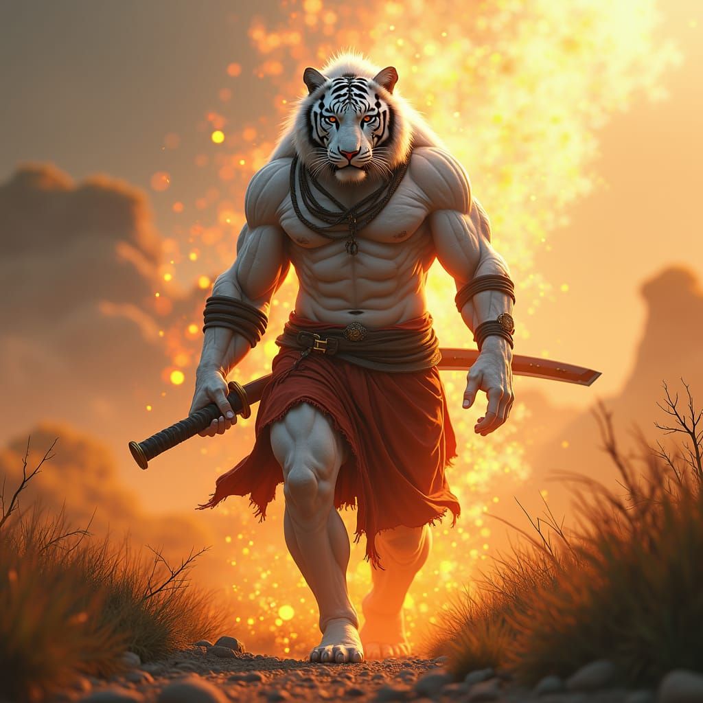 Tiger-Man with Katana Walks Savannah: Fantasy Art