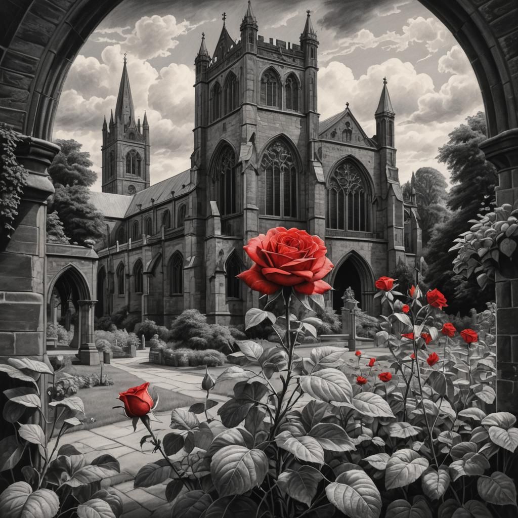 Red Rose at Gothic Abbey: Charcoal Drawing