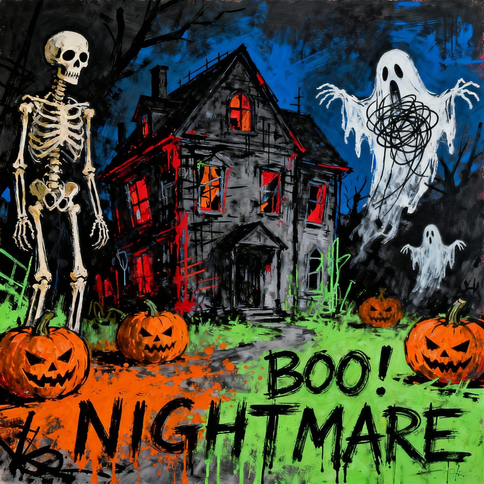 Neo-Expressionist Halloween Street Art with Skeletal Figures