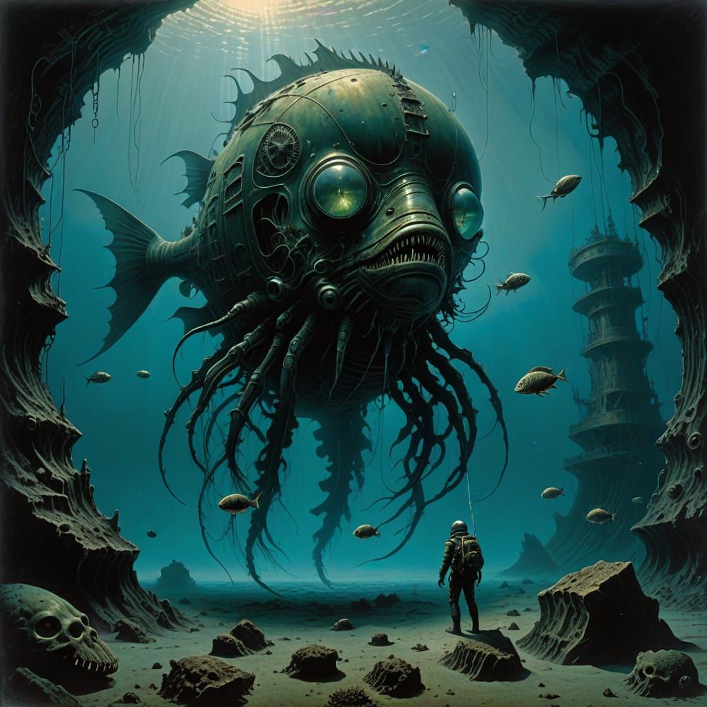 Surrealistic Underwater Scene with Bioluminescent Anglerfish...