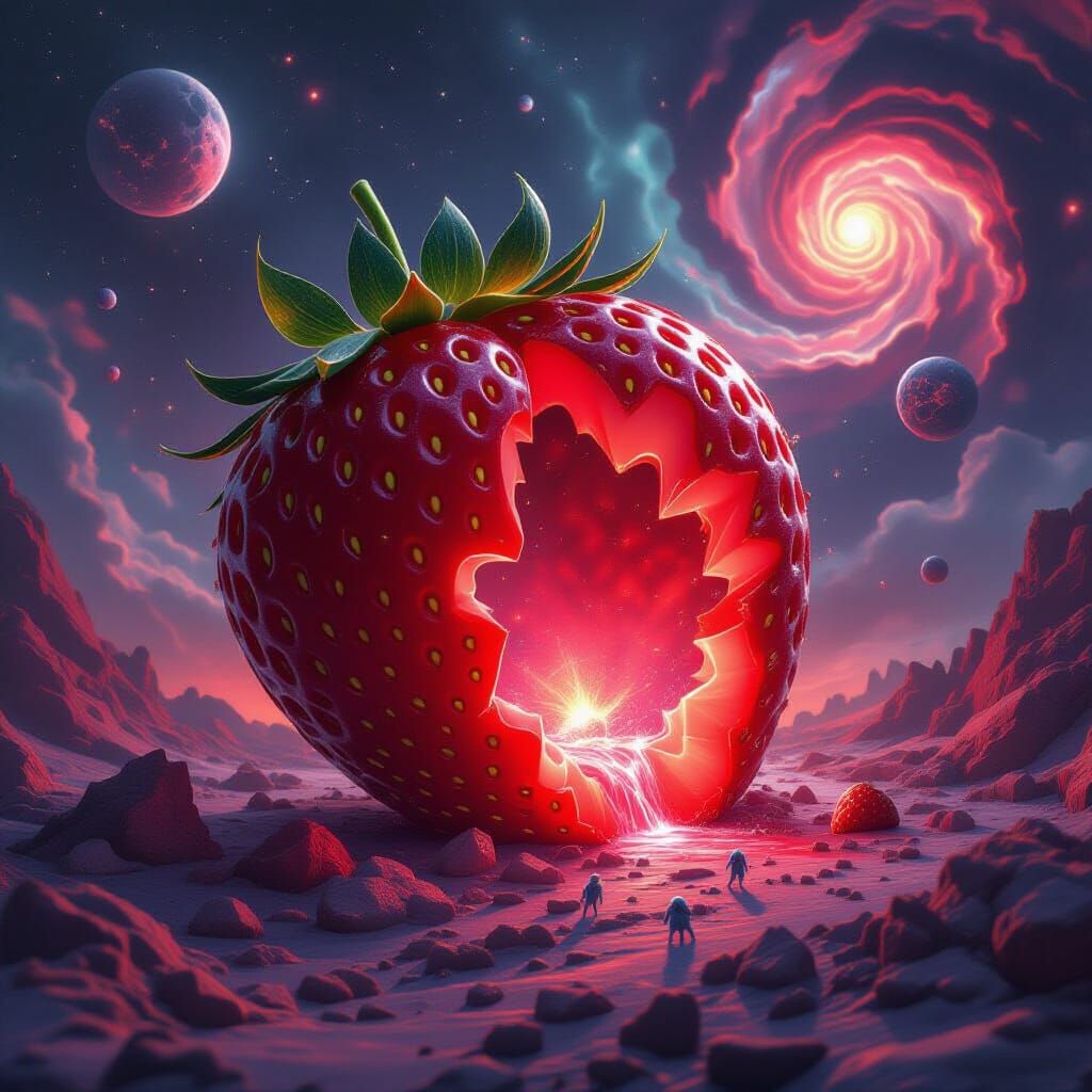 Surreal Strawberry Planet with Cosmic Nectar