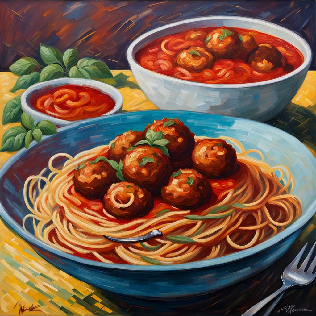 Impressionist Spaghetti and Meatballs Oil Painting
