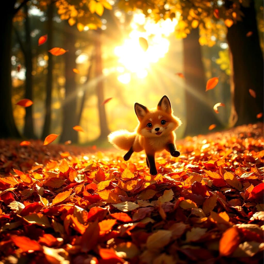 Cute Fox Playing in Autumn Leaves