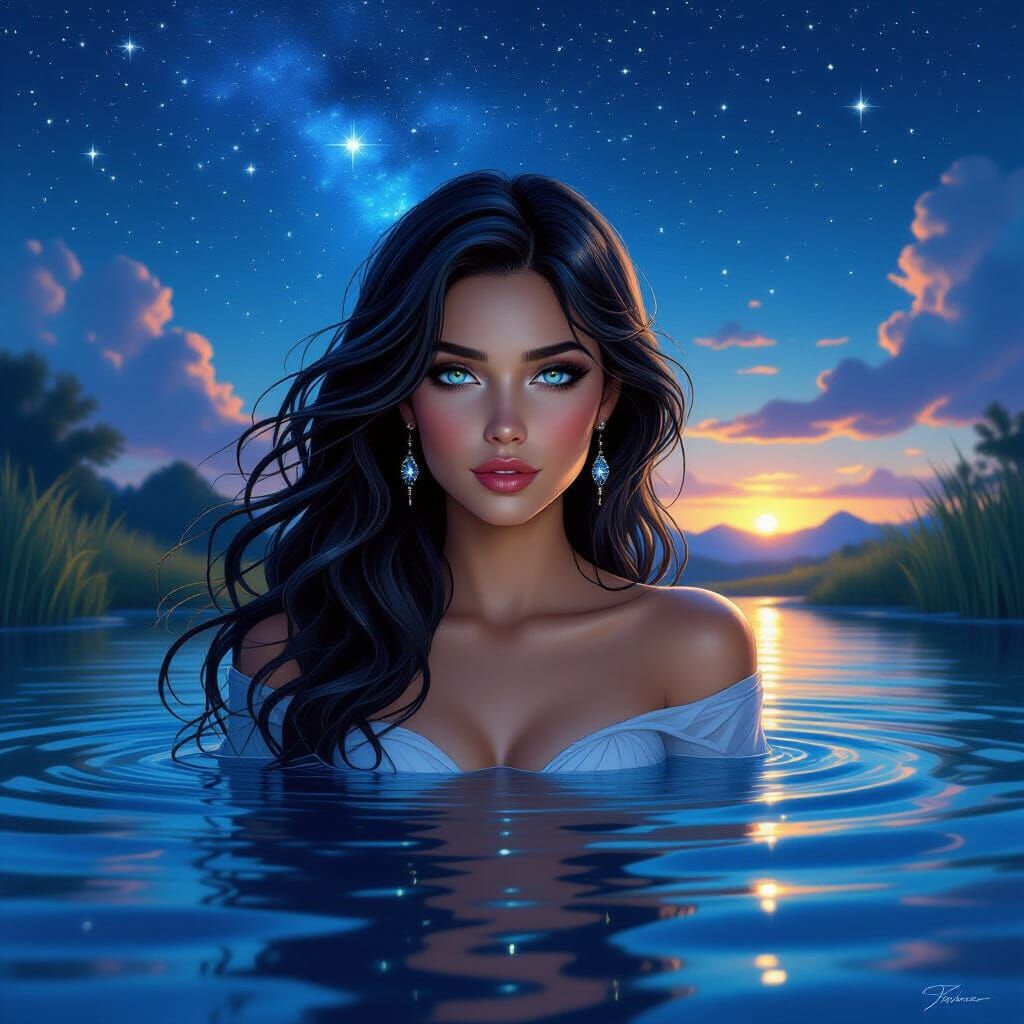Mythical Siren of Water and Flora in Starry Dawn