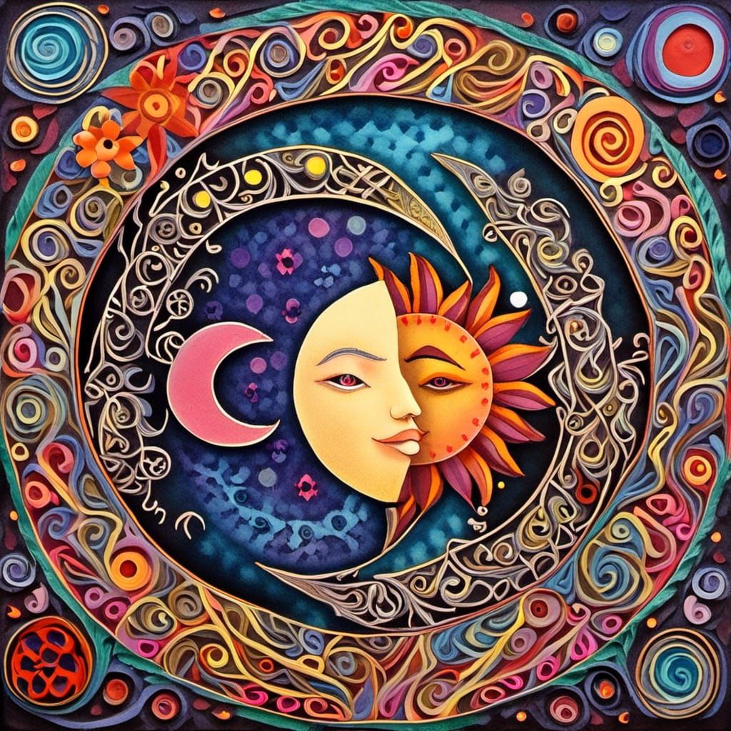 Kissing Moon and Sun in Zentangle Maya Design