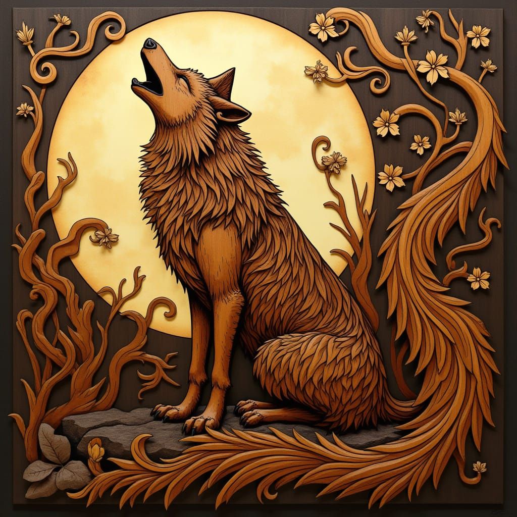 Surreal Wood Intarsia Wolf in Art Nouveau Style