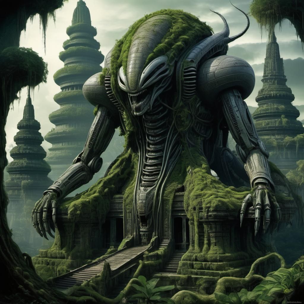 Colossal Mecha Xenomorph Nagas in Dystopian Solarpunk Style