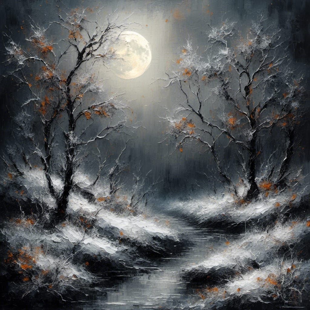 Cosmic Rococo Moon Over Winter Landscape