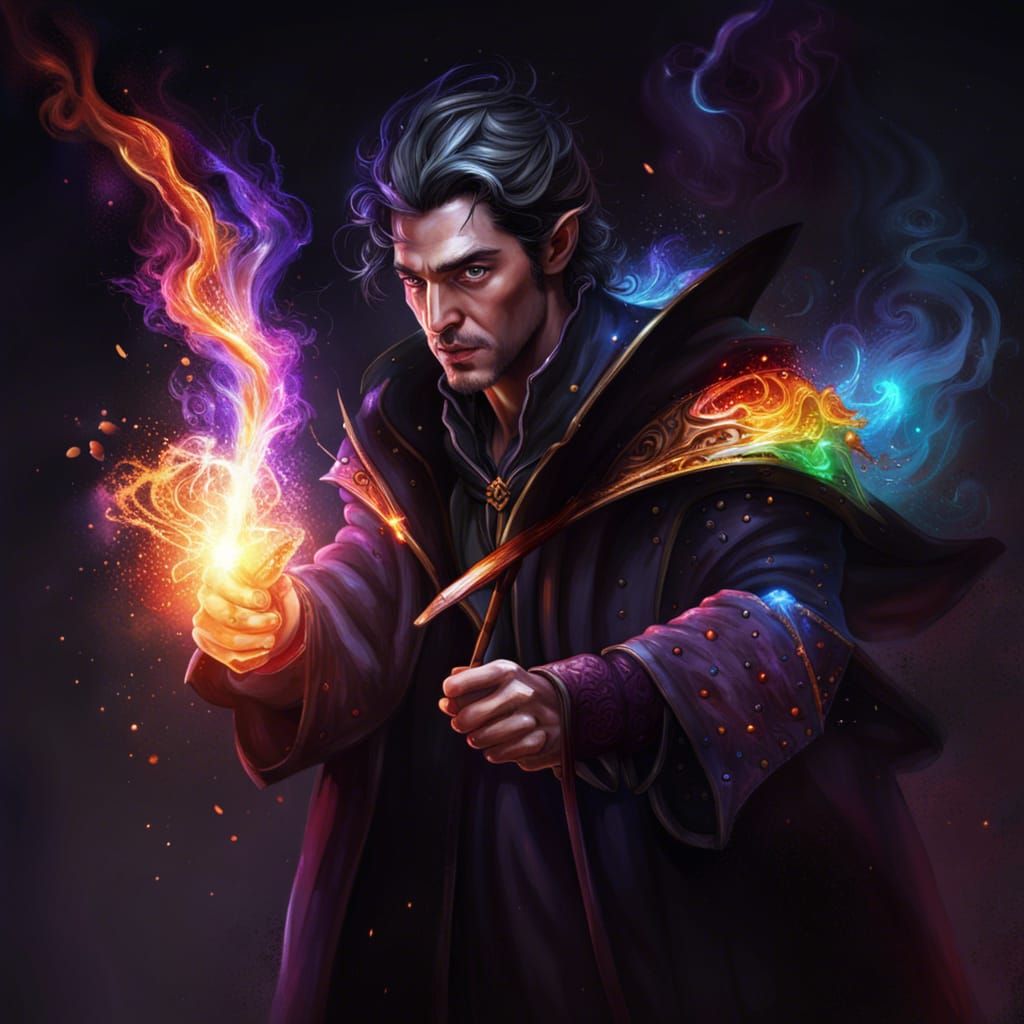 Mysterious Young Wizard Casting a Spell, Hyperrealistic Art