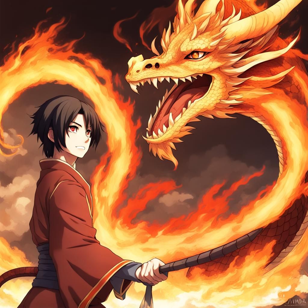 Fire Bender and Dragon in Anime Style