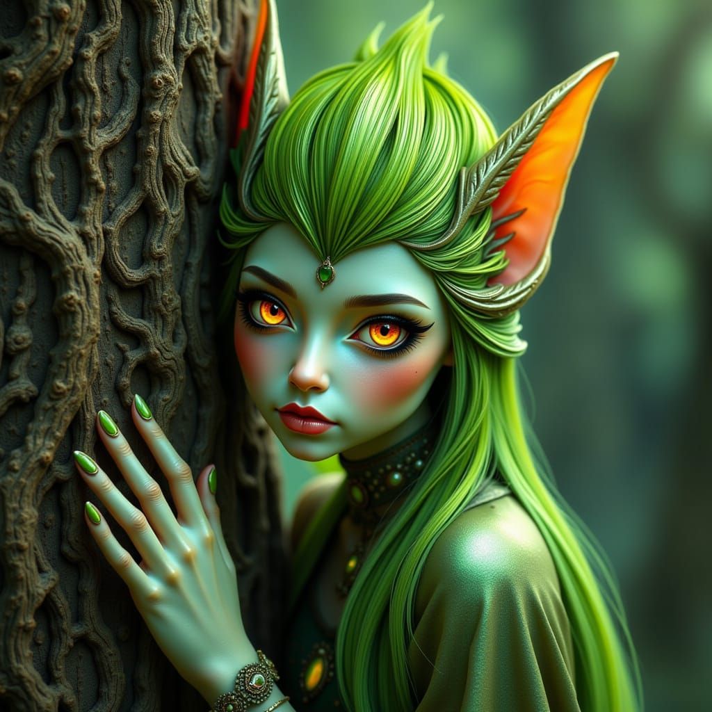 Iridescent Green Elf in Mythic Landscape
