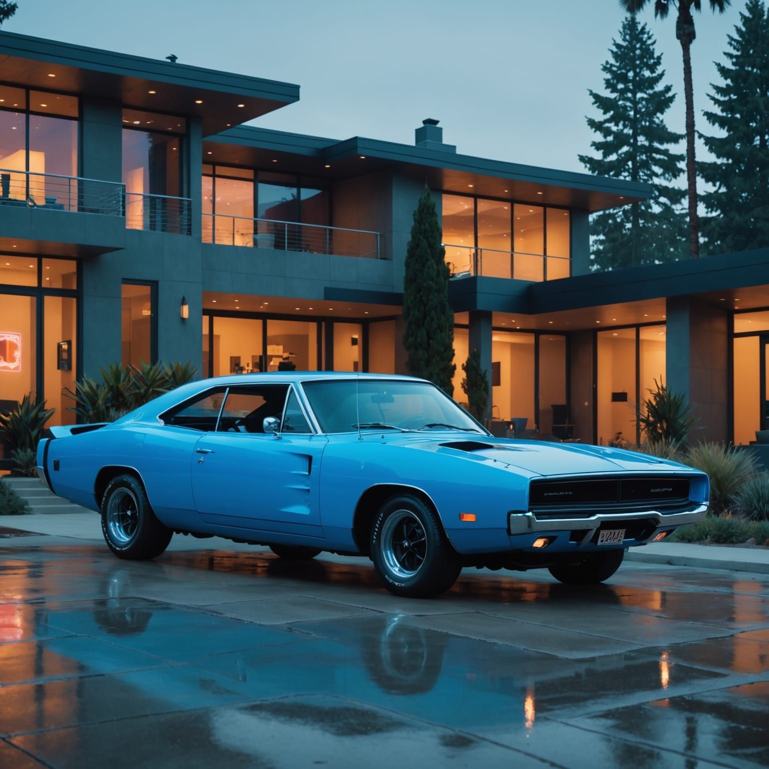 Electric Blue 1969 Charger in Cyberpunk Setting