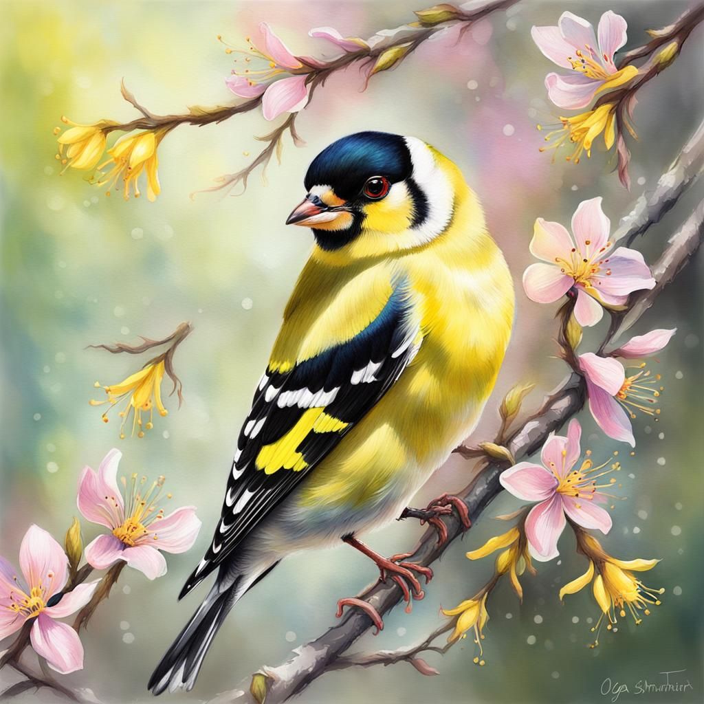 Goldfinch in Springtime, Prismatic Highlights