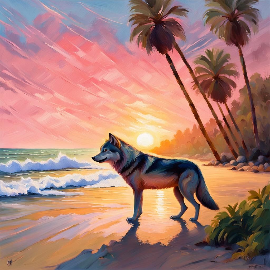 Wolf at Sunset in California: An Impressionistic Painting