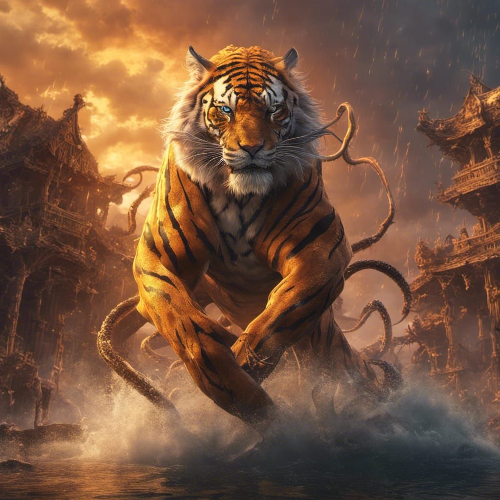 Squid-Man Rides a Tiger at Sunset