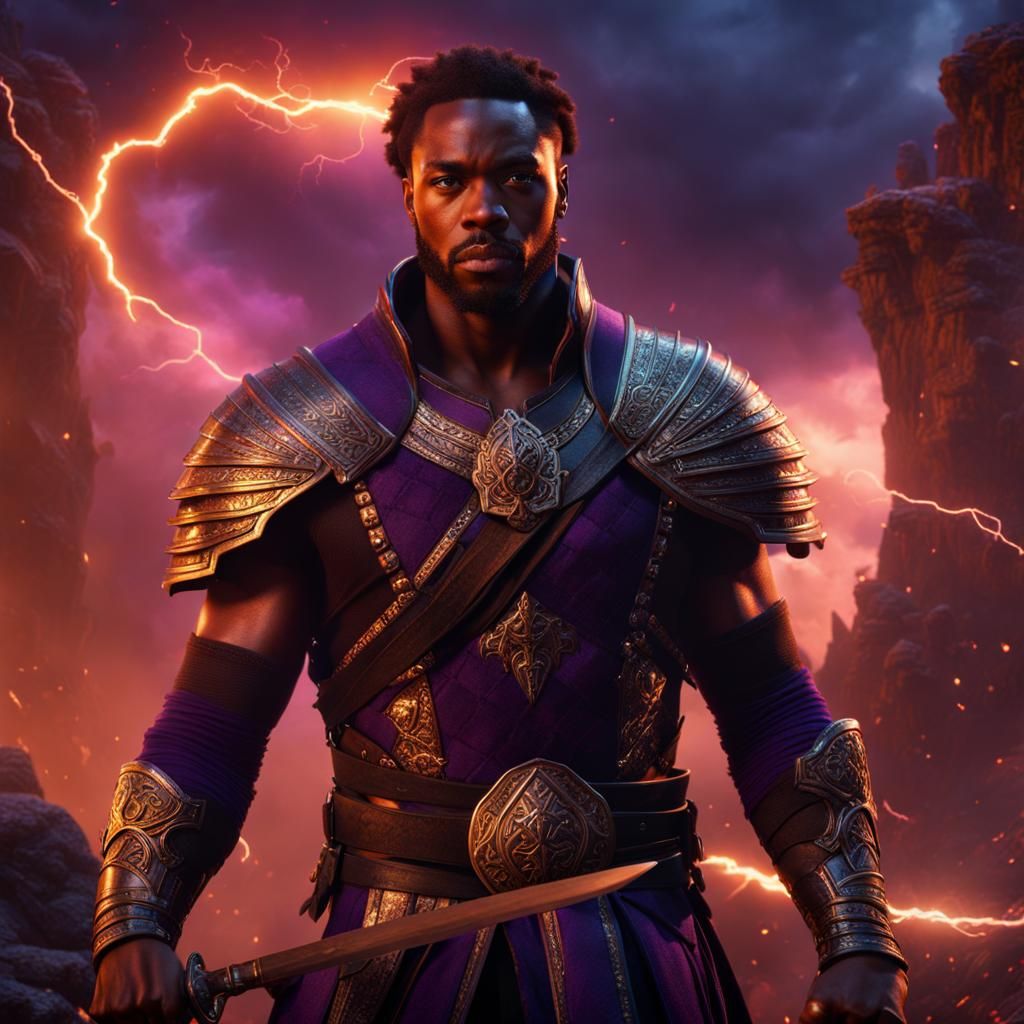 Black Warrior in Lightning Storm: Fantasy Art