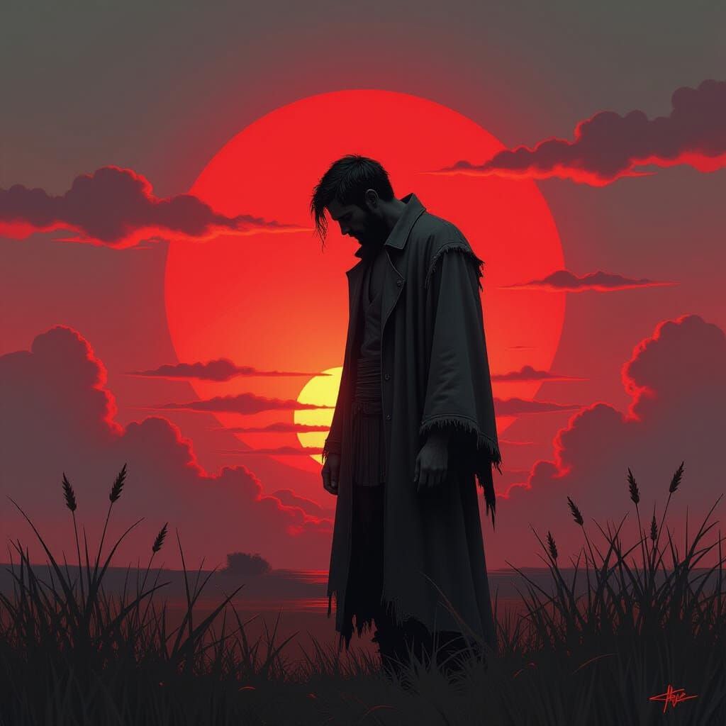 Sorrowful Man Silhouetted at Sunset in Digital Art Style